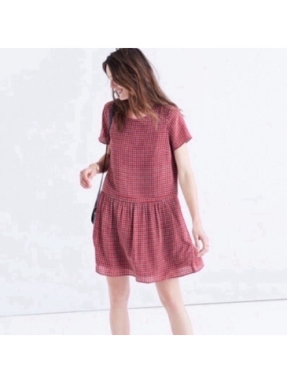 Madewell Red Checked Short Sleeve Drop-Waist Dress size 4